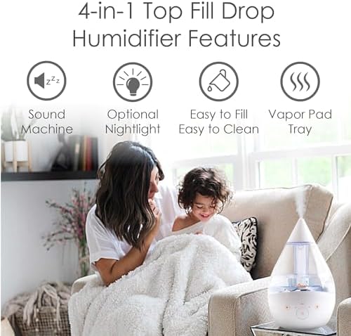 Crane White Drop 4 in 1 Ultrasonic Cool Mist Top Fill Humidifier with Sound Machine, 1 Gallon Tank, For Large Rooms, Clear and White, Baby Nursery Humidifier - Image 2