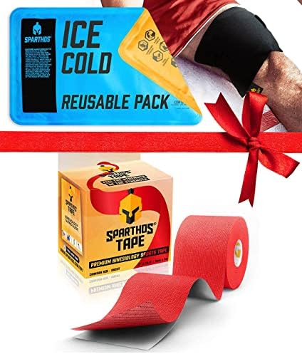 Sparthos Kinesiology Tape [Crimson Red - 16.4ft Uncut Roll] x Ice Packs for Injuries [Size Medium + Cover] by Sparthos