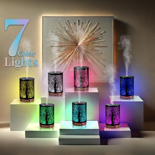 Essential Oil Diffuser 120ML Metal Aromatherapy Diffuser with Timer, Cool Mist Humidifier with Auto Shut-Off & 7 Color Lights for Home Office Spa (Tree) - Image 2