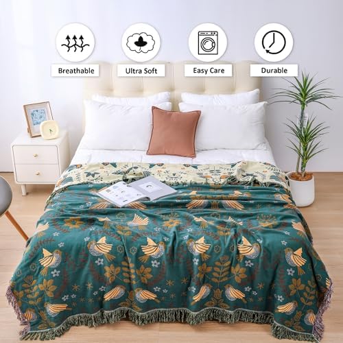 VANJOROY Boho Throw Blanket, 100% Organic Cotton Breathable Ultra Soft 80" x 90" Bed Quilt Throw - Floral Rustic Bird Farmhouse Decor Luxury Reversible Blanket for Sofa Couch Chair and Gift,Teal/Beige - Image 4