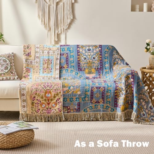 VANJOROY Boho Throw Blanket, 100% Organic Cotton Breathable Skin-Friendly Ultra Soft 60" x 80" Bed Quilt Throw - Floral Rustic Luxury Reversible Blanket for Sofa Couch Chair and Gift, - Image 2