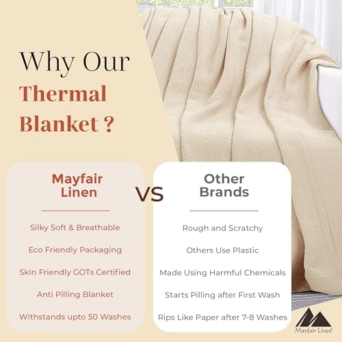 Mayfair Linen Cotton Throw Blankets for Bed King Size - Herringbone Pattern Cotton Blankets King Size (1 PC, Beige), Breathable, Soft & Cozy Thermal All Season Throw for Bed Couch Chair Outdoors - Image 3