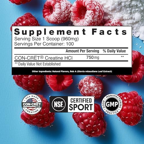 CON-CRET Creatine HCl Powder | Muscle, Cognitive, Cellular Energy Support | No Bloating or Cramps | USA Made & NSF Certified | Raspberry (100 Serving) (Pack of 2) - Image 2
