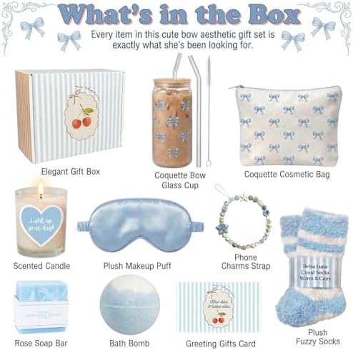 Gift Baskets for Women 9pcs Coquette Bow Birthday Gifts for Teen Girls Blue Cherry Stripe Gift Box Glass Cup Trendy Self Care Spa Stuff for Her Sister Friend Mom Perfect for Sweet 16 18th 21st Bday - Image 2