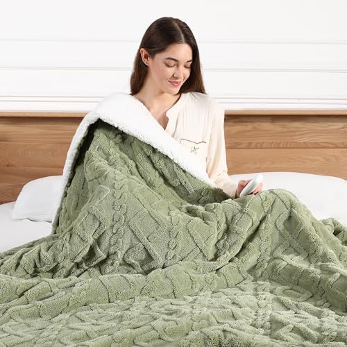 Heated Throw Blanket 50"x60"-Sherpa Small Electric Blanket Throw,Sage Green by SafeWarmthTrustedComfort