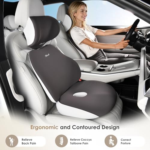 FLORICH Car Seat Cushion & Lumbar Support Pillow & Car Neck Pillow, Ergonomic Memory Foam Driving Seat Cushions for Back & Sciatica Pain Relief, Non-Slip Cushion for Car, Office Chair,Wheelchair-Gray - Image 2