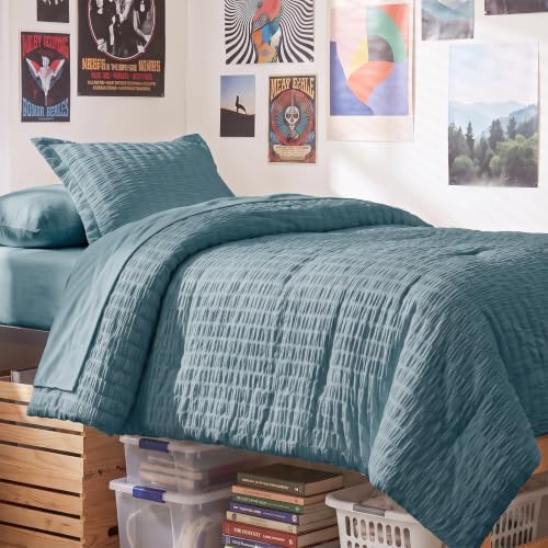 CozyLux Twin XL Comforter Set 5 Pieces Mineral Blue Seersucker Bed in a Bag by CozyLux