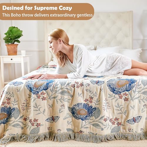 VANJOROY Boho Throw Blanket, 100% Organic Cotton Breathable Ultra Soft Bed Quilt Throw - All Season Floral Bird Butterfly Farmhouse Decor Blanket for Sofa Couch Chair and Gift. 80" x 90" - Image 4