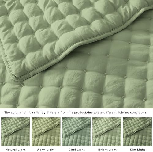 WDCOZY Sage Green Cloud Quilt Set King Size, Lightweight Soft Cross Stitch Bedspread, Farmhouse Rustic Country Coverlet, Spring Summer Thin Comforter, 3 Pieces, 2 Pillow Shams, 104x90 inches - Image 2