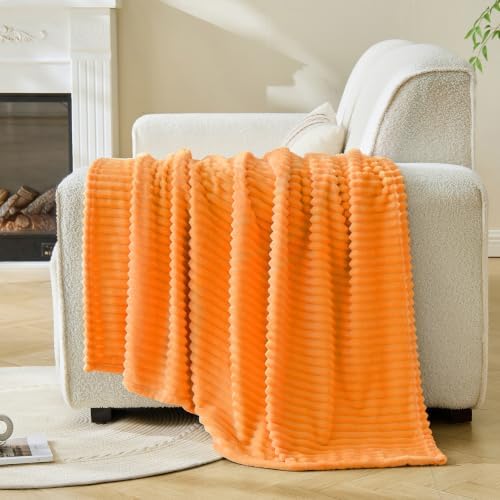 Bnuitland Fleece Throw Blanket for Couch, 300GSM Soft Warm Cozy Fluffy Throw for Adults & Kids, Stripe Pattern, All Season Sofa Bed Blanket for Home Decor, Light Orange 50"x60" - Image 6