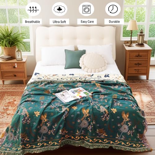 VANJOROY Boho 100% Organic Cotton Muslin Throw Blanket 50" x 60" - All Season Rustic Ultra Soft Breathable Floral Bird Blanket for Bed Sofa Couch Chair Bedspread Quilt Gift-Teal/Beige - Image 4