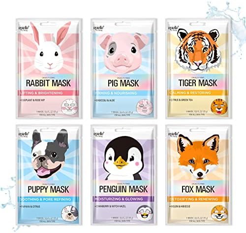 Epielle Character Face Mask Fuzzy Friends 6 Pack, Fun & Effective Korean Skin Care, Spa Party Favors, Birthday Gifts for Women, Self Care Gifts by Epielle