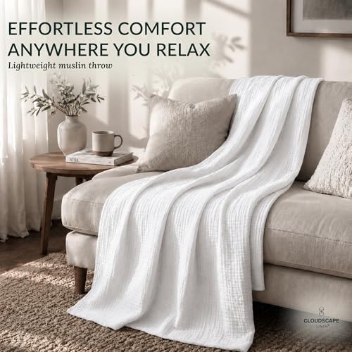 CLOUDSCAPE 8 Layer 100% Muslin Cotton Throw for Adults, Soft 50"x70" -White - Image 3