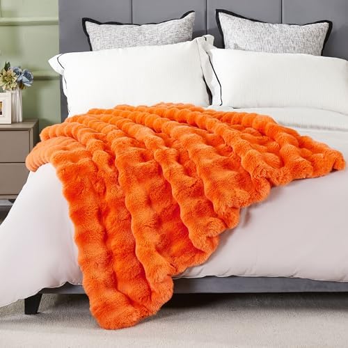 DREAMNINE Soft Faux Bubble Rabbit Fur Blanket Queen Size, Thick Cozy Decorative Warm Fuzzy Fur Blanket for Bed Couch Sofa Chair Bedroom Living Room Dorm Gift, 80 * 90 Inches, Orange - Image 5