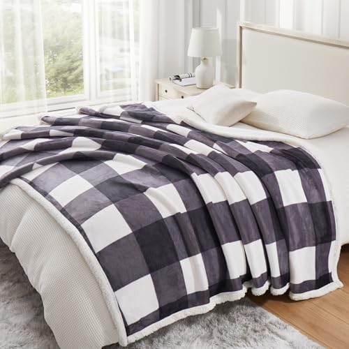 PU MEI Sherpa Blanket Fleece Throw Blanket Full Queen Plaid Thick Bed Blanket, Soft Warm Cozy Dark Grey Checkered Throw Blanket 80"*90" - Image 5