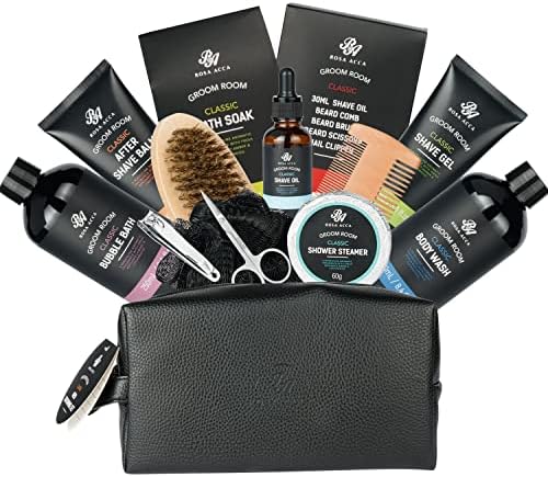 14 Pcs Bath & Body Gift Set for Men, Father's Day Gifts, Beard Grooming, Home Spa & Self Care Gift Basket, Shave Gel, Leather Bag, Christmas, Birthday, Anniversary, Dad, Husband, Boyfriend by RAROSAACCA
