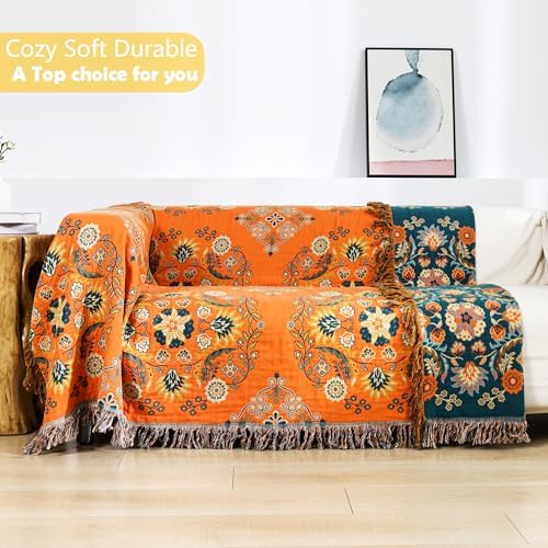 VANJOROY Boho Large Throw Blanket, 100% Organic Cotton Breathable Soft Bed Throw - Floral Farmhouse Decor Blanket for Sofa Couch Chair and Gift. 91" x 98"- Orange - Image 2