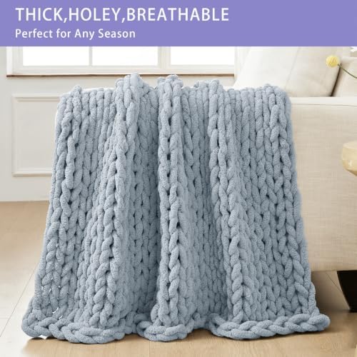 Bigacogo Chunky Knit Throw Blanket for Couch, 40x60 inches, Fog Blue - Image 4