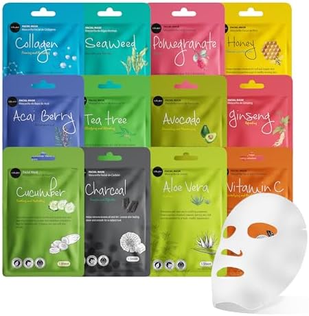 Celavi Korean Face Mask Sheet Set, Facial Spa Masks for Women, 12 Pack by C%C3%A9lavi