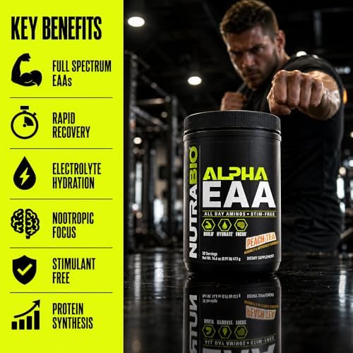NutraBio Alpha EAA - All-Day Amino Acids for Muscle Growth and Hydration - Essential Amino Acids with Nootropics & Adaptogens- Full Spectrum EAA BCAA Powder - 30 Servings - Peach Tea - Image 5