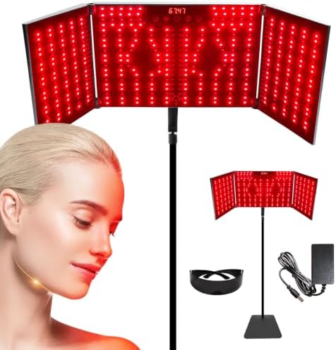 Foldable Red Light Lamp with Protective Glasses,Dual Chip 400 LEDs 660nm Red & 850nm Near Infrared Lamp Device for Face and Body,10 Brightness,9 Time Settings,3 Light Modes by Derlights