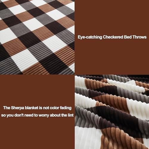 PU MEI Sherpa Blanket Full/Queen Plaid Thick Bed Blanket, 90”*80” Super Soft Flannel Fuzzy Fleece Reversible Velvet Plush Warm Blanket for Couch (Brown-Check, 80"*90") - Image 3