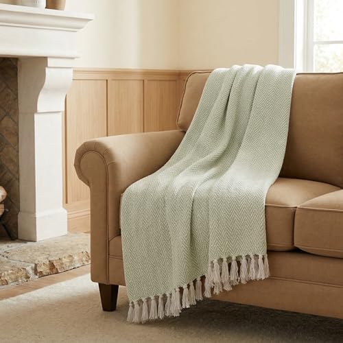 Americanflat 50x60 Throw Blanket - Soft and Breathable Cotton Throw Blanket for Couch, Bed, Chair - Decorative Blankets Perfect for Home or Outdoor Use - Light Green and White Herringbone Design - Image 6