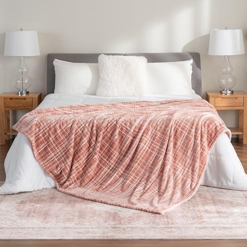 Berkshire Blanket-Classic Heavyweight Soft Printed VelvetLoft® Plush Blanket, Full/Queen Size Soft Fuzzy Warm Blanket for Couch Sofa Bed, Watercolor Plaid Blush, 90in x 90in - Image 5
