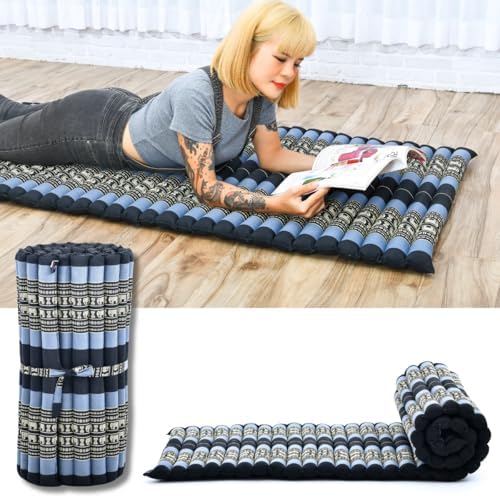 Leewadee - Foldable Floor Mattress - Japanese Roll Up Futon -Trifold Tatami Mat- Guest Floor Bed - Camping Mattress - Thai Massage Mat, Kapok Filled, 75 x 28 inches, Blue by Leewadee