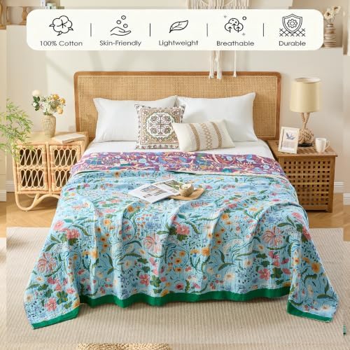 VANJOROY King Boho Throw Blanket, 100% Organic Cotton Breathable Skin-Friendly Ultra Soft 91" x 98" Bed Quilt Blue Throw - Floral Rustic Luxury Reversible Blanket for Sofa Couch Chair and Gift - Image 4