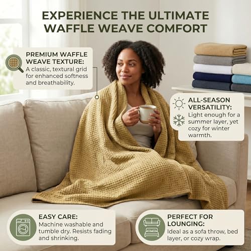 Tex Trend 100% Cotton Waffle Weave Blanket Queen Size - Soft, Breathable Cooling Blanket for Bed, Lightweight Cozy Summer & Spring Bedding, Khakhi, 90x90 - Image 4