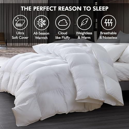 Luxurious Oversized Queen 98" x 98" Size Goose Down Fiber Waterfowl Feather Fiber Comforter Duvet, 100% Egyptian Cotton Cover, 56 oz. Fill Weight, Baffle Box Design, White Solid - Image 4