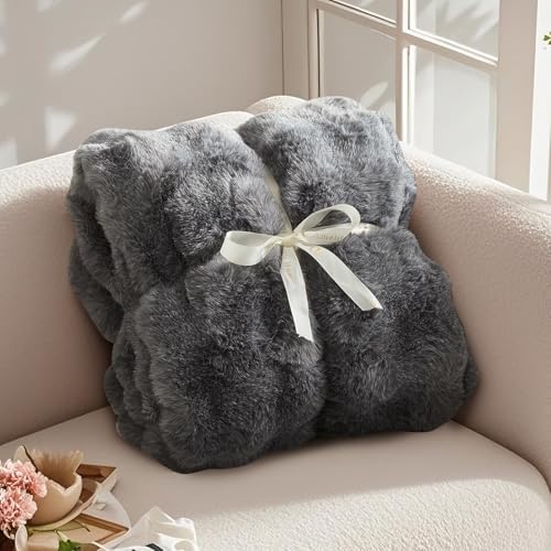 Amélie Home Faux Fur Throw Blanket, Ultra Soft Fuzzy Plush Bubble Blanket for Couch, Bed & Living Room, 60"x80", Cationic Wolf Gray - Image 3