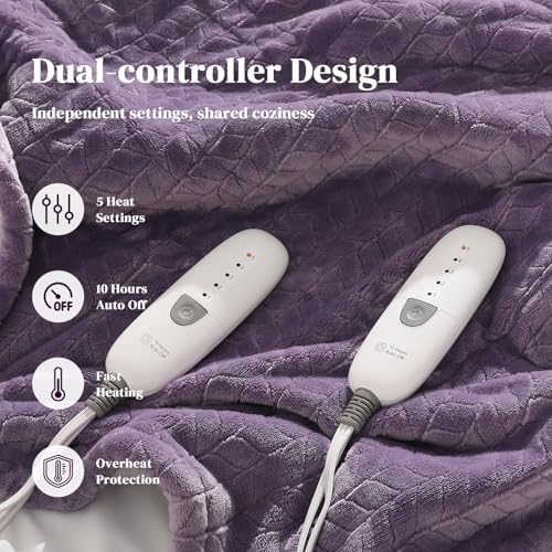 King Heated Blanket King Electric Blanket with Dual Controls, Lavender - Image 2