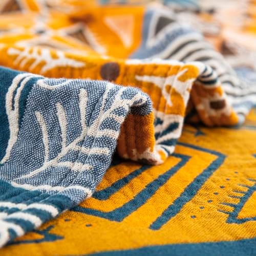 100% Muslin Cotton Throw Blanket for Bed Couch Chair, Bohemian Tribal Patchwork Retro Quilt Ultra Soft Reversible Gauze Blanket for All Season, 60"x80" - Image 6