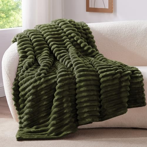 BEDELITE Ribbed Fleece Throw Blanket for Couch, Olive Green, 50"x70" - Image 2