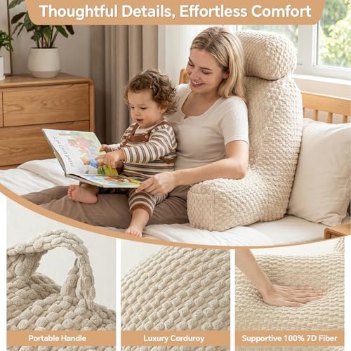 Reading Pillow for Bed with Adjustable Neck Support,XXL White Corduroy - Image 4