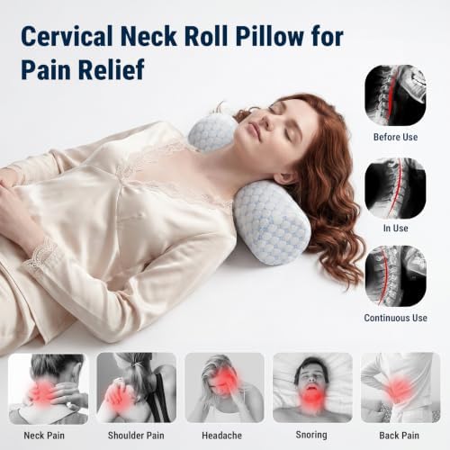 Neck Roll Pillow for Neck Pain Relief - Memory Foam Neck Support Pillow for Bed, Cylinder Pillows, Round Neck Pillow for Sleeping, 15.7 * 5 * 5 inch (Cool-Blue) - Image 4