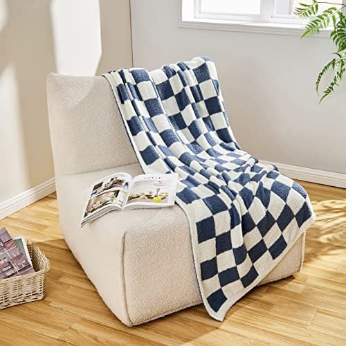 CozeCube Dusty Blue White Reversible Checkered Knit Throw Blanket 60"x80" - Image 6