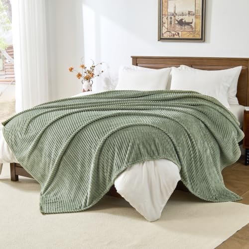 Bnuitland Sage Green Fleece Throw Blanket 90"x90",300GSM Soft Cozy Warm Lightweight Stripe Pattern for Bed Sofa Home Decor,Suitable for Adults Family All Season - Image 6