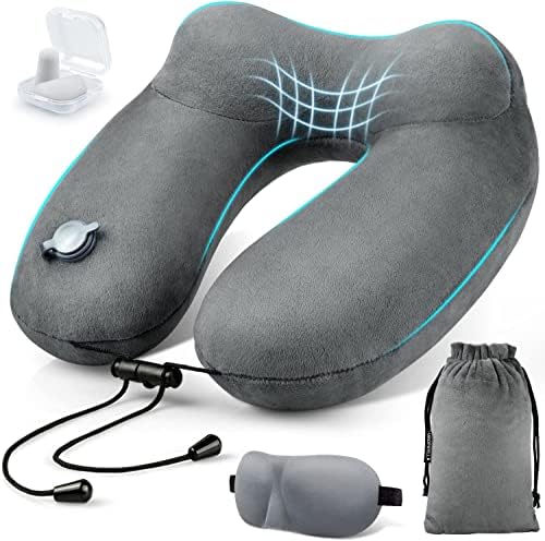 Inflatable Travel Neck Pillow for Airplanes, Super Soft Velvet Neck Support, Adjustable Firmness, Blow Up Plane Pillow for Long Flights, Road Trips, Travel Essentials with Eye Mask, Earplug by UROPHYLLA