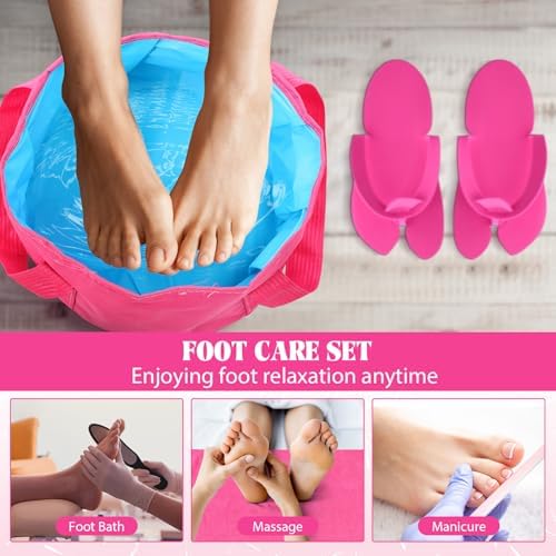 FillTouch 6 Sets Foldable Foot Bath Kit 15L Collapsible Foot Soaking Tub Bathroom Towels Women Adult Foldable Slippers with Storage Bag Spa Soak Pedicure Bath for Travel Camping(Rose Red) - Image 6