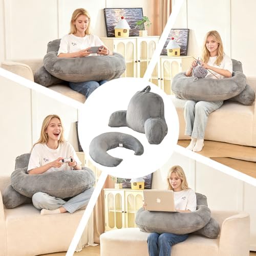 19" Reading Pillow for Bed,U Shaped Arm & Elbow Support,Gray Faux Fur - Image 5