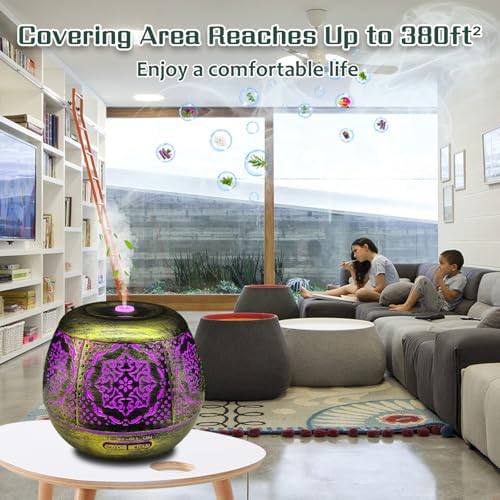 500ml Metal Essential Oil Diffuser, Antique Gold Aromatherapy Diffuser, Moroccan Hollow Out Design, 7 Color LED, Timer, Auto Shut-Off, Vintage Iron Cool Mist Humidifier for Large Room, Home Decor Gift - Image 3