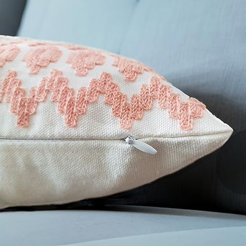 Throw Pillow Cover Embroidered 1pc Summer Couch Accent Decorative Lumbar Pillowcase, Peach 12x20 Empire Diamonds Patterned Peachy Pink and White Motif Nectar Boho Geometric Bolster Cushion Cover - Image 3