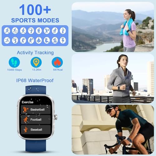 Smart Watch for Men Women Answer/Make Call, 1.91" HD Touch Screen Smart Watch, 100+ Sports Fitness Watch, Heart Rate/Sleep/SpO2 Monitor/Pedometer, IP68 Waterproof Fitness Tracker for Android iOS, Blue - Image 4