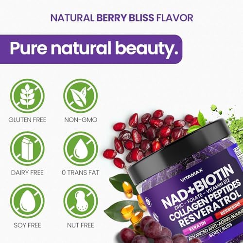 NAD+, Resveratrol, Berberine, & Biotin Anti-Aging Gummy - Hair, Skin, Nails & Joint Supplement - Collagen Peptides, Keratin, Zinc, Vitamin K2 & D3 Gummies -Regeneration- Non-GMO - Made in USA 60 Count - Image 7