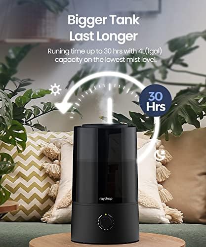 raydrop Humidifiers for Bedroom, Humidifiers for Home & Large Room, Cool Mist Humidfiers for Baby and Plant, Adjustable Mist Level, Auto Shut-Off, Black, 4.0L - Image 2