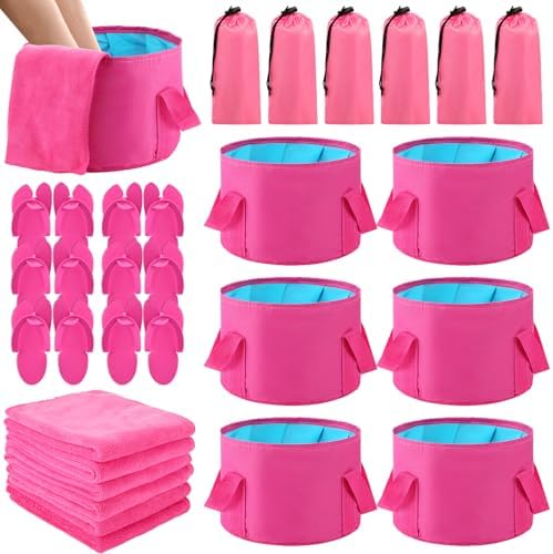 FillTouch 6 Sets Foldable Foot Bath Kit 15L Collapsible Foot Soaking Tub Bathroom Towels Women Adult Foldable Slippers with Storage Bag Spa Soak Pedicure Bath for Travel Camping(Rose Red) by FillTouch