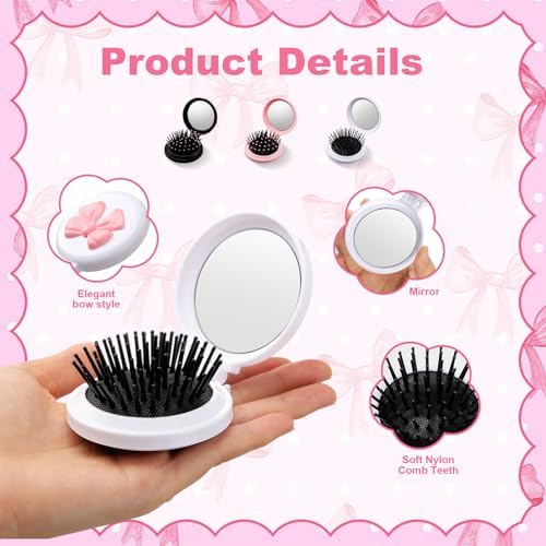 12 Pcs Multicolored Coquette Bow Mini Hair Brushes Folding Mirror Coquette Detangler Brush Bulk Round Compact Massage Scalp Comb for Purse Women Travel Team Gifts Trendy Stuff Party Favors - Image 3